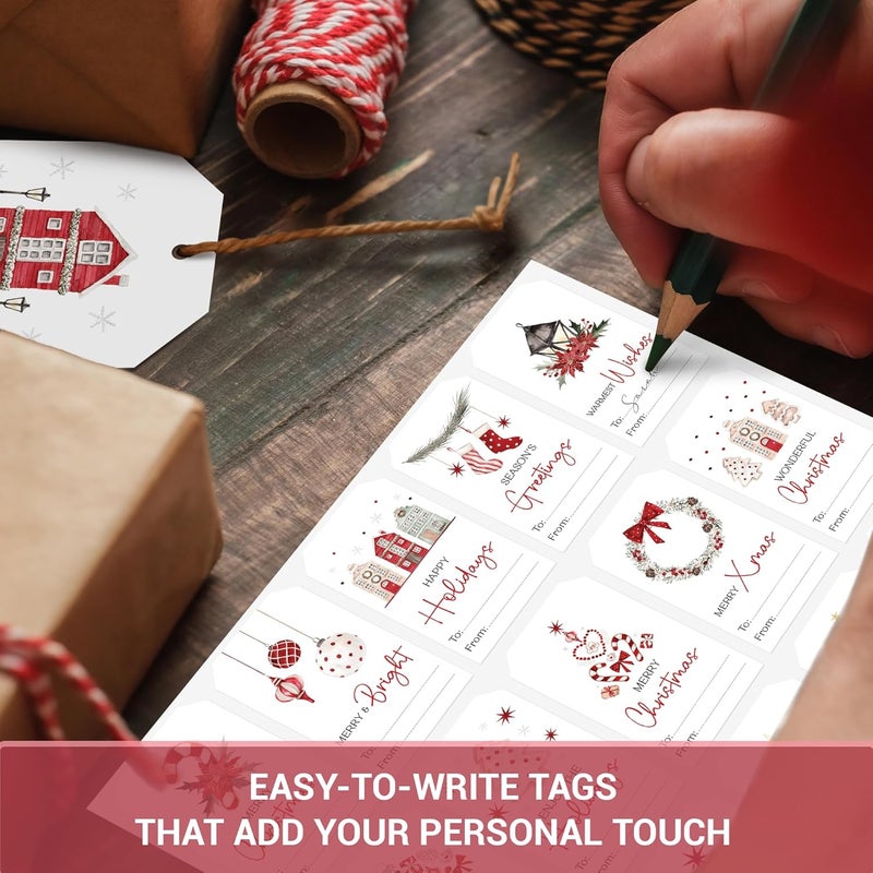AUDREE 210 Pcs Christmas Gift Tag Stickers - Self-Adhesive Red & White Holiday Labels - 15 Watercolor Designs Christmas Name Tags Label Stickers for Xmas Gifts Wrap Presents Box Envelope Decor - Image 3